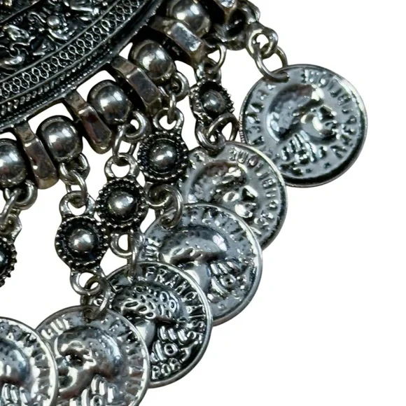 Boho Oxidized Silver Tone Tribal Coin Fringe Bib Necklace Statement Choker - Picture 6 of 14